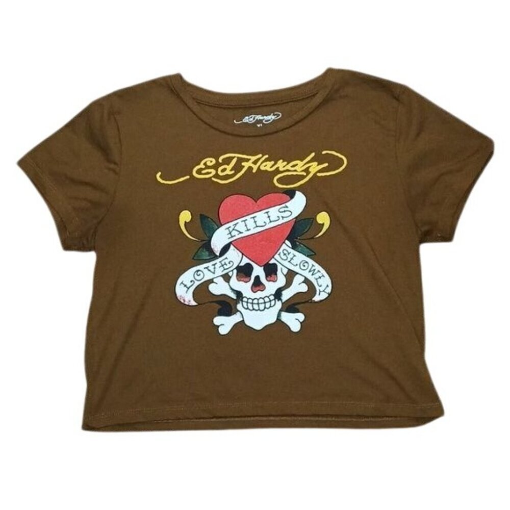 Ed Hardy Love Kills Slowly Brown y2k Baby Tee - Picture 3 of 6